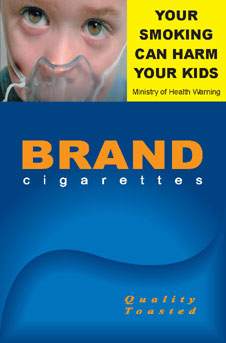 Image of the Harmful to Kids cigarette packet design - front. 