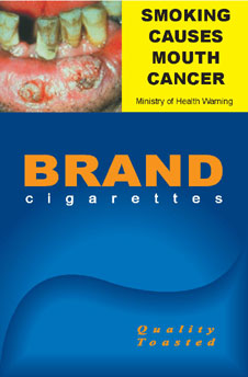 Image of the Smoking causes mouth cancer cigarette packet design - front. 